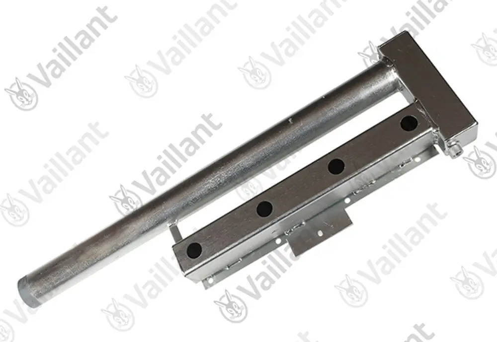 Vaillant Verteiler aus Metall für Warmwasser mit einem langen rohrförmigen Element und einem geraden Anschlussstück.